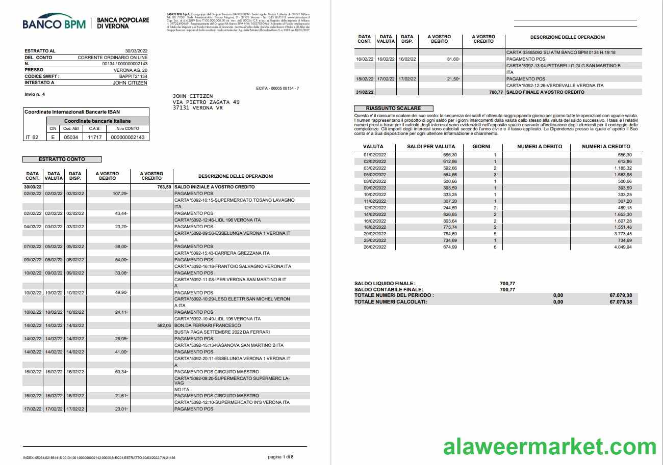 Italy Banco BPM bank statement 8 pages